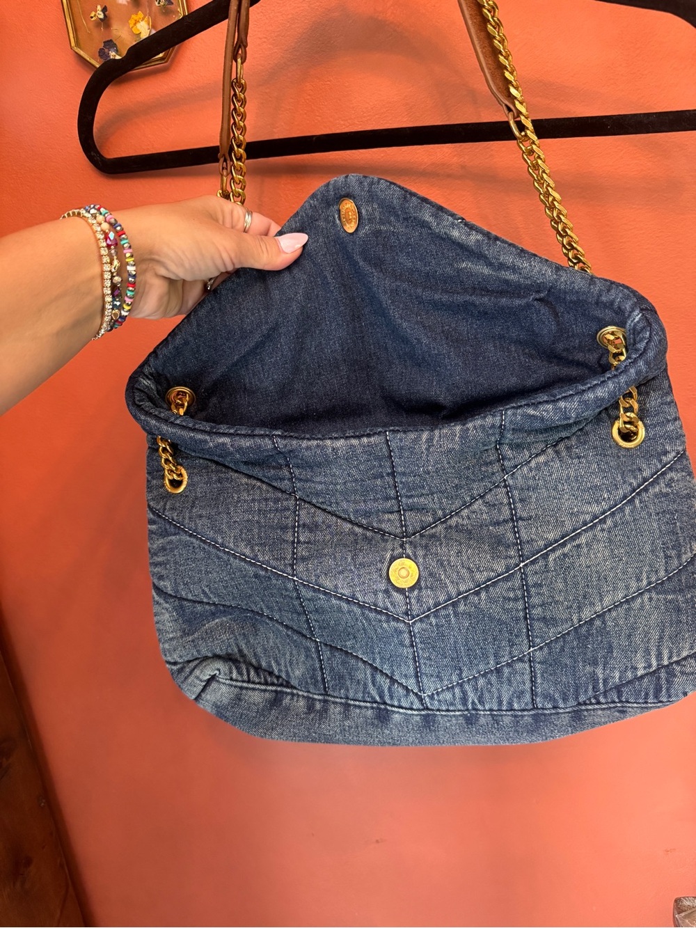 Saint Laurent Denim Chevron Shoulder Bag with Gold Hardware - Picture 13 of 13